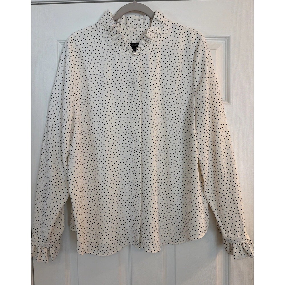 Talbots NWOT Blouse XL White Black Polka‎ Dots Button Ruffled Career Pearlcore